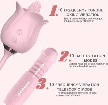 3-in-1 Blooming Sexy Pink Rose Toy Rotating Pearls Telescopic Tongue-licking Vibrator
