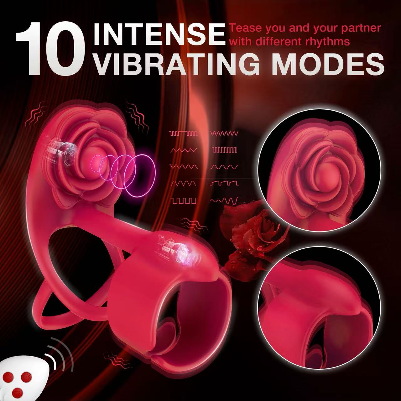 3 IN 1 Vibrating Rose Penis Ring with 10 Vibration