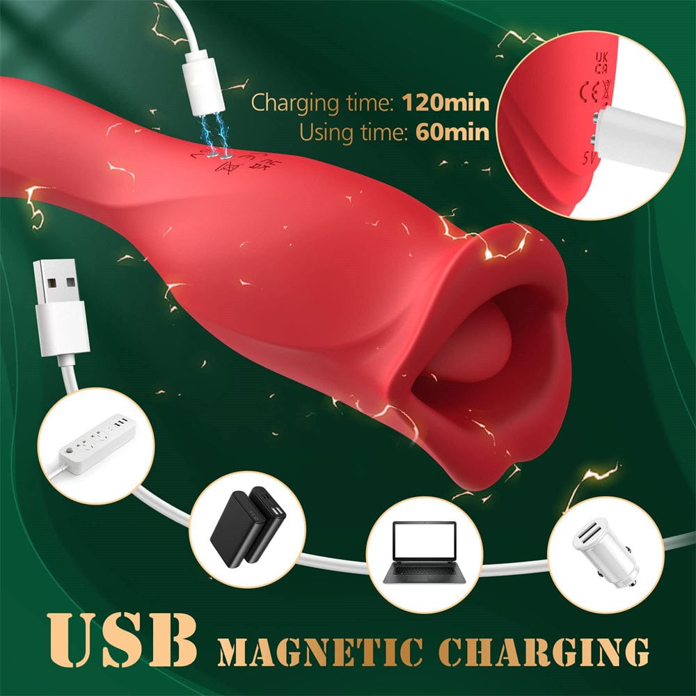 Rose Muncher Vibrator With Stick 10 Vibration Modes And 10 French Kissing Modes