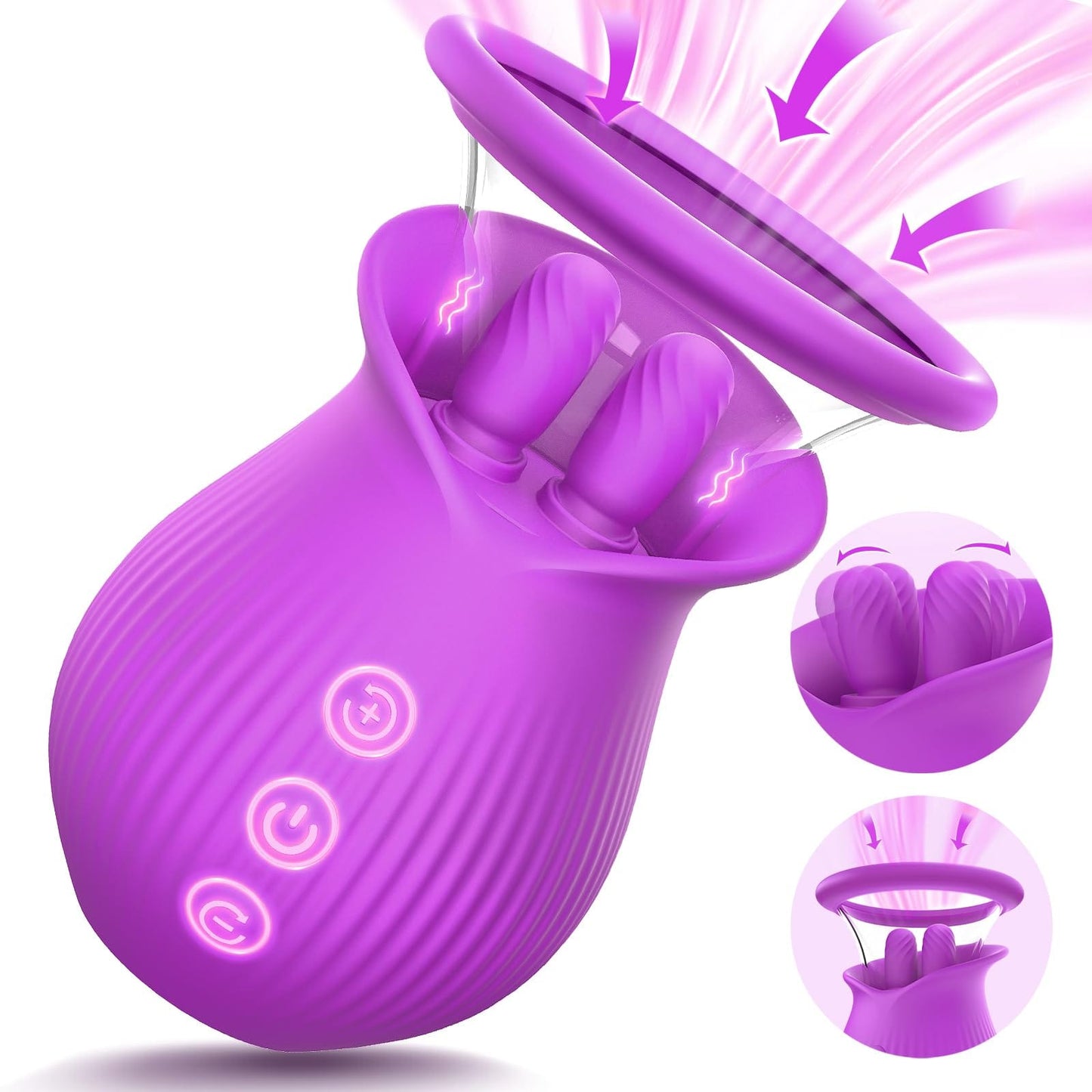 Rose Romeo - 3in1 Rose Sex Toy with 2 Suction Cups, Adult Toys Female Clitoral Nipple Vibrators with 10 Licking Sucking Vibrating