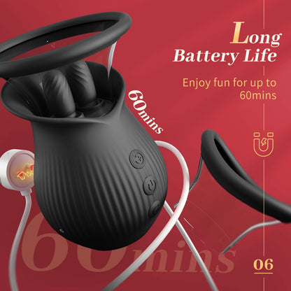 Rose Romeo - 3in1 Rose Sex Toy with 2 Suction Cups, Adult Toys Female Clitoral Nipple Vibrators with 10 Licking Sucking Vibrating