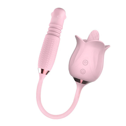 3-in-1 Blooming Sexy Pink Rose Toy Rotating Pearls Telescopic Tongue-licking Vibrator
