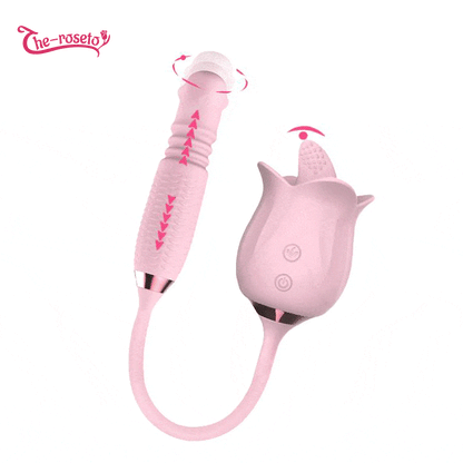 3-in-1 Blooming Sexy Pink Rose Toy Rotating Pearls Telescopic Tongue-licking Vibrator
