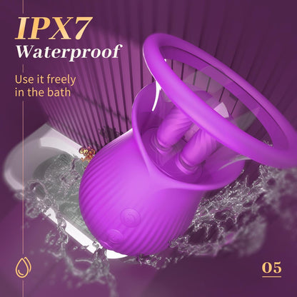 Rose Romeo - 3in1 Rose Sex Toy with 2 Suction Cups, Adult Toys Female Clitoral Nipple Vibrators with 10 Licking Sucking Vibrating